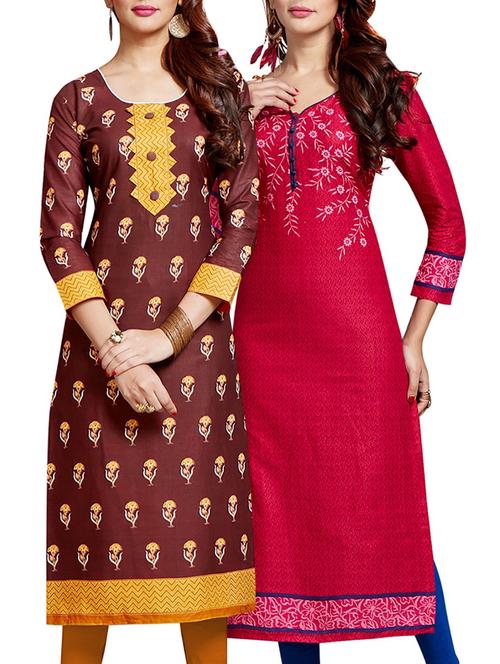 set of 2 multi colored cotton unstitched kurta combo - 14633315 - Very Small Image - 1