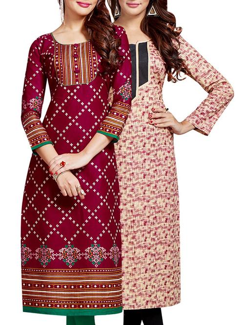 set of 2 multi colored cotton unstitched kurta combo - 14633325 - Very Small Image - 1