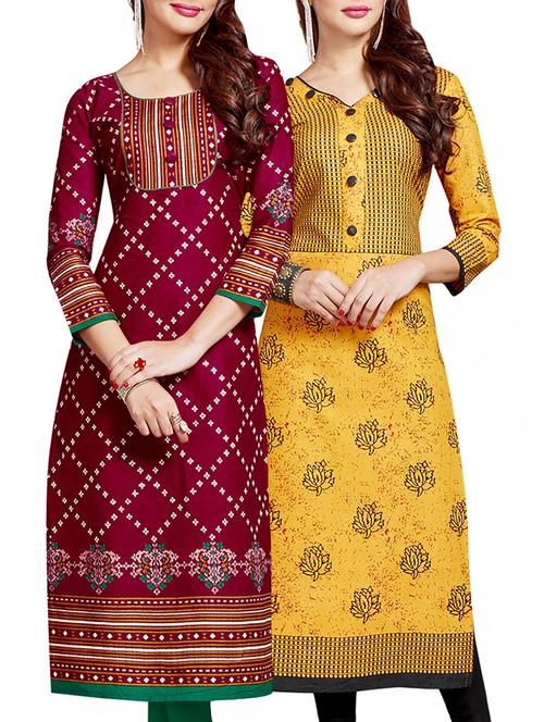 set of 2 multi colored cotton unstitched kurta combo - 14633347 - Very Small Image - 1