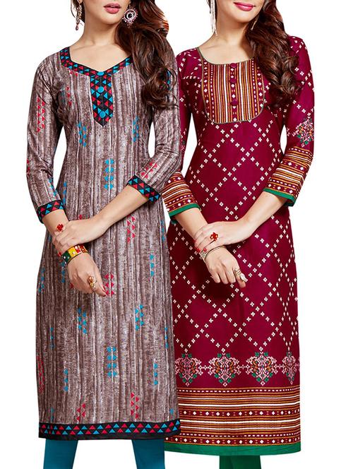 set of 2 multi colored cotton unstitched kurta combo - 14633348 - Very Small Image - 1