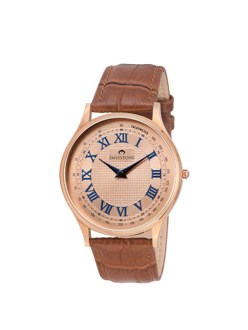 swisstone slim151-rg brown leather strap slim wrist watch for men - 14633387 - Very Small Image - 1