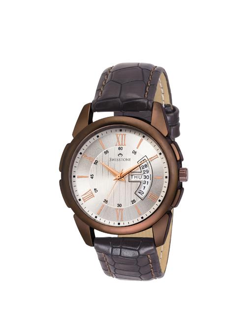 swisstone bw145-slv brown leather strap wrist watch for men - 14633410 - Very Small Image - 1