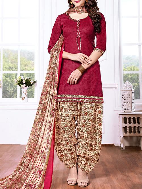maroon cotton blend unstitched suit - 14634420 - Very Small Image - 1