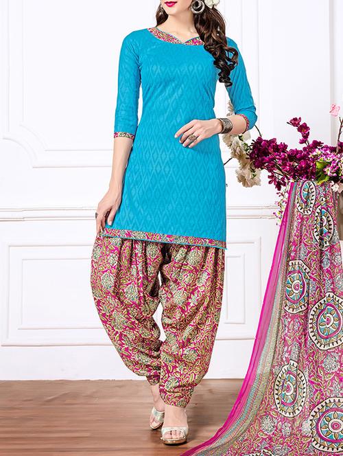 sky blue cotton unstitched suit - 14634429 - Very Small Image - 1