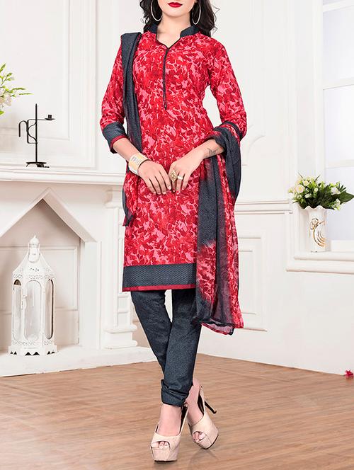 red cotton unstitched suit - 14634443 - Very Small Image - 1