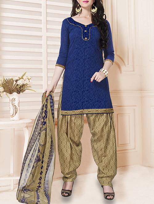 blue cotton unstitched suit - 14634450 - Very Small Image - 1