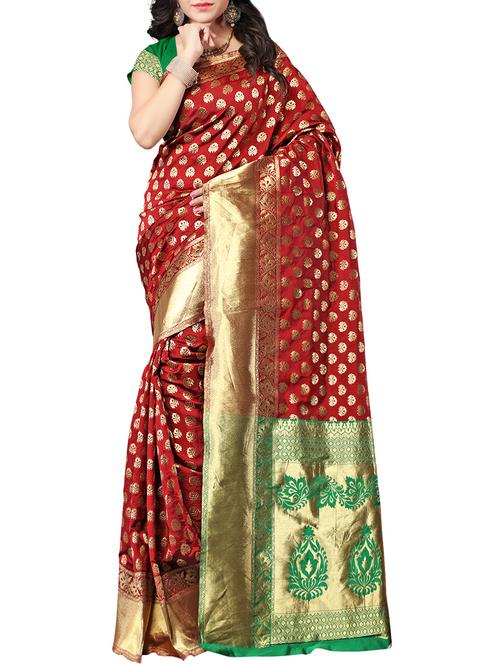 maroon silk blend kanjivaram saree with blouse - 14635275 - Very Small Image - 1