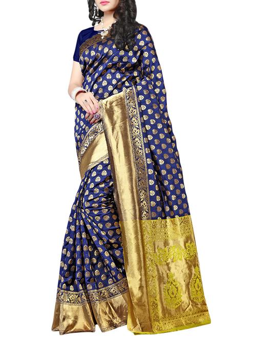 blue silk blend kanjivaram saree with blouse - 14635280 - Very Small Image - 1