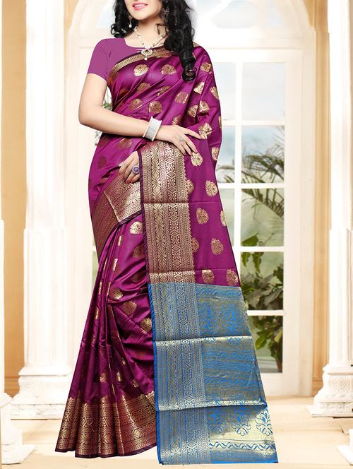 purple silk blend kanjivaram saree with blouse - 14635296 - Very Small Image - 1