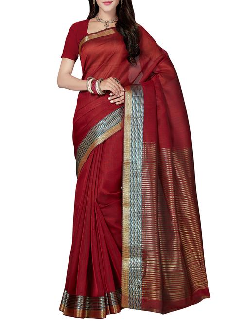 maroon cotton blend maheshwari saree with blouse - 14637212 - Very Small Image - 1