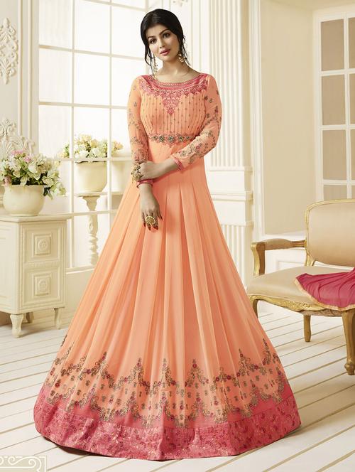 peach georgette semistitched suit - 14637538 - Very Small Image - 1
