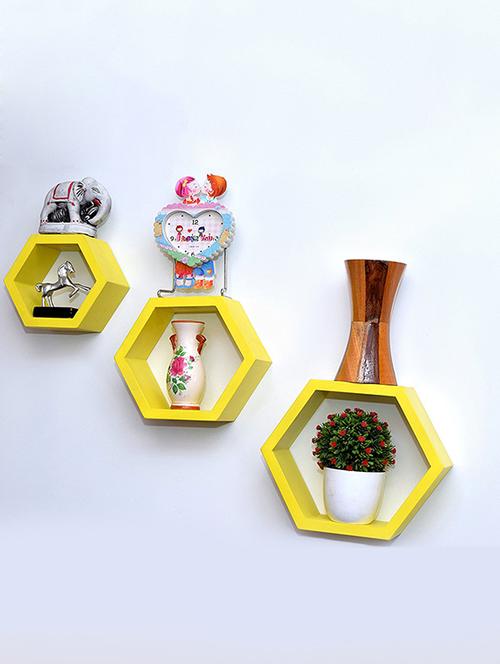 hexagon shape storage wall shelves set-3-yellow - 14637894 - Very Small Image - 1