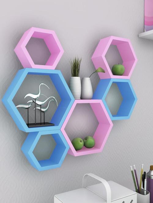 hexagon shape storage wall shelves set-6-pink,blue - 14637899 - Very Small Image - 1