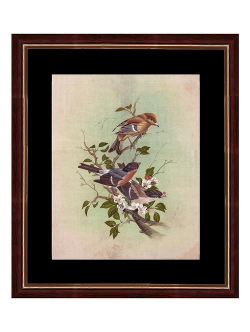 splendid indian art mughal period bird 'sparrows' indian miniature painting on silk with natural stone & water colors - 14638704 - Very Small Image - 1