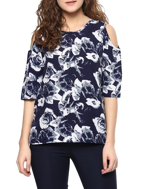 navy blue printed cold shoulder top - 14639003 - Very Small Image - 1