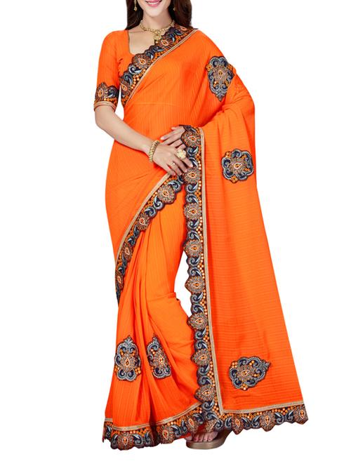 orange chiffon embroidered saree with blouse - 14640412 - Very Small Image - 1