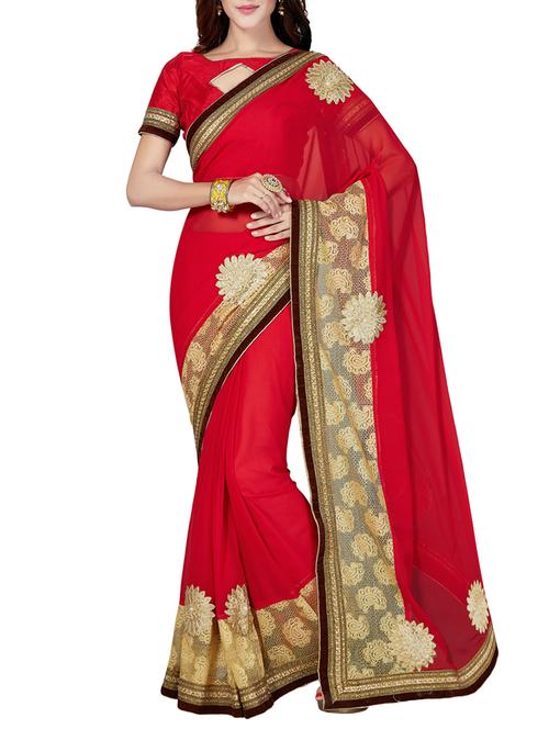 red georgette embroidered saree with blouse - 14640428 - Very Small Image - 1