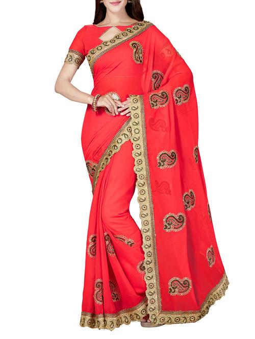 red poly georgette embroidered saree with blouse - 14640436 - Very Small Image - 1