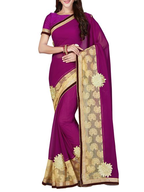 purple poly georgette embroidered saree with blouse - 14640438 - Very Small Image - 1