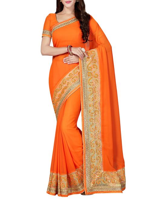 orange poly georgette embroidered saree with blouse - 14640439 - Very Small Image - 1