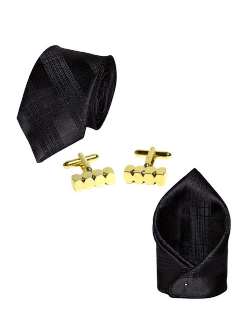 black micro fiber tie with cufflinks and handkerchief - 14641285 - Very Small Image - 1