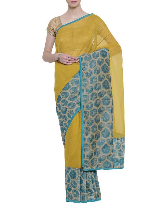 the chennai silks mustard printed saree with blouse - 14644229 - Very Small Image - 1