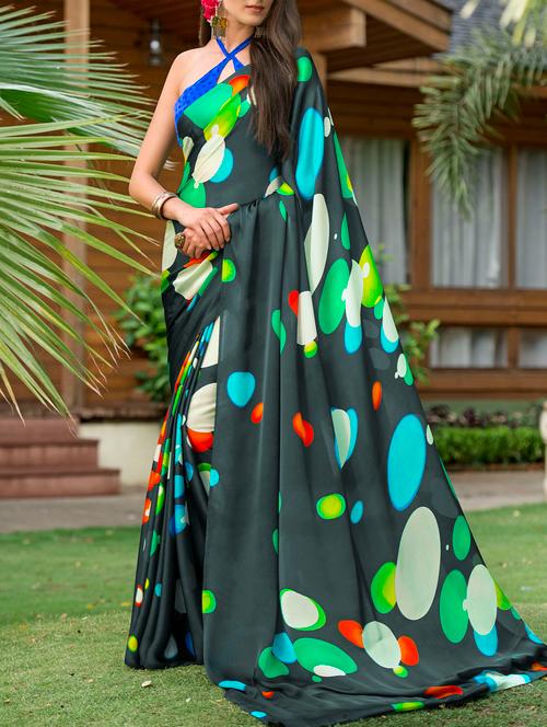 black poly georgette printed saree with blouse - 14646179 - Very Small Image - 1