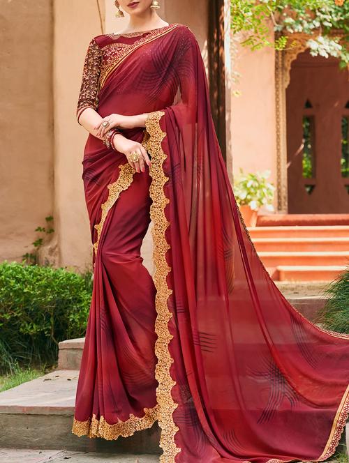 red printed saree with blouse - 14646189 - Very Small Image - 1