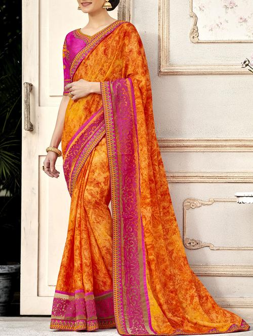 orange printed saree with blouse - 14646195 - Very Small Image - 1