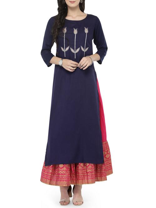 embroidered kurta with foil printed skirt set - 14646435 - Very Small Image - 1
