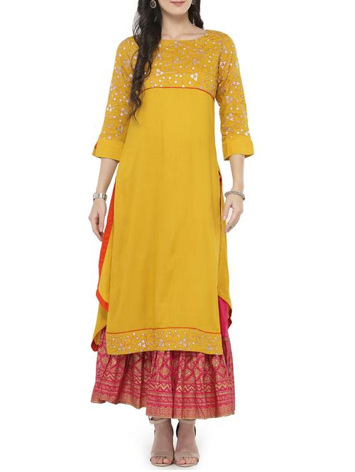 yellow rayon kurta skirt set - 14646464 - Very Small Image - 1