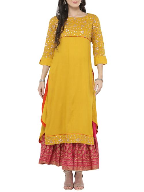 yellow rayon straight kurta - 14646560 - Very Small Image - 1