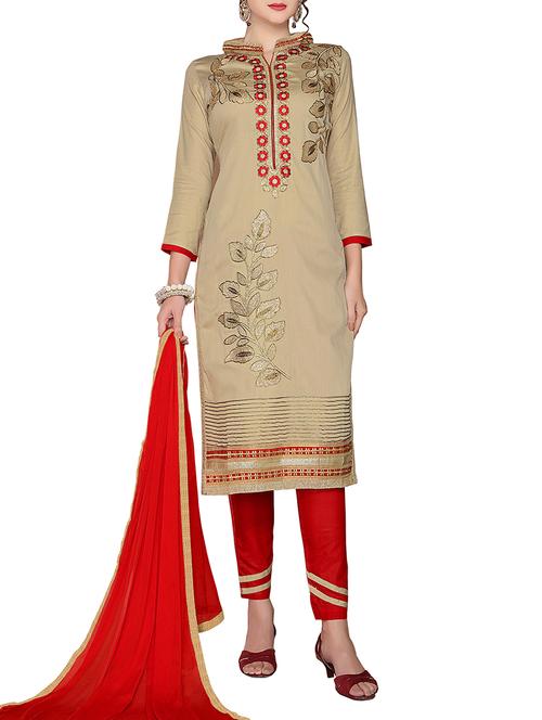beige cotton embroidered dress material - 14648605 - Very Small Image - 1