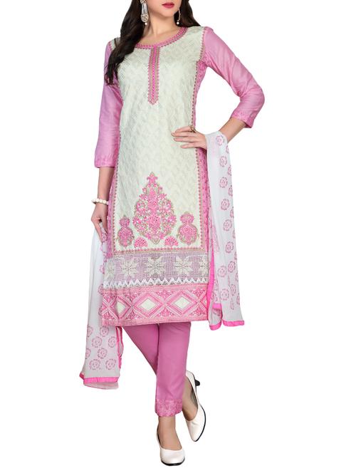 white cotton embroidered dress material - 14648611 - Very Small Image - 1