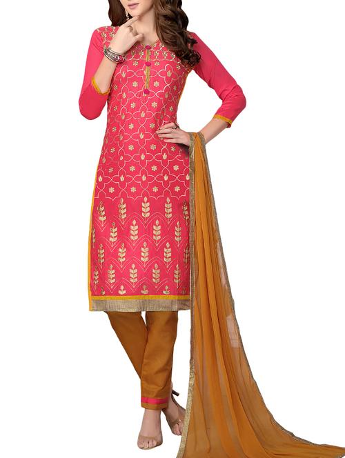 pink cotton embroidered dress material - 14648614 - Very Small Image - 1