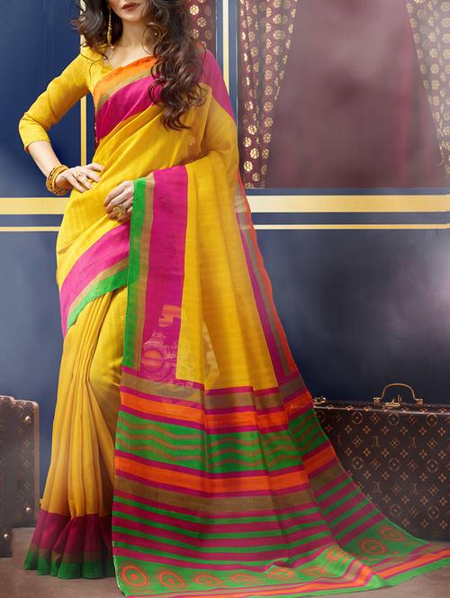 yellow poly cotton bhagalpuri saree with blouse - 14649917 - Very Small Image - 1