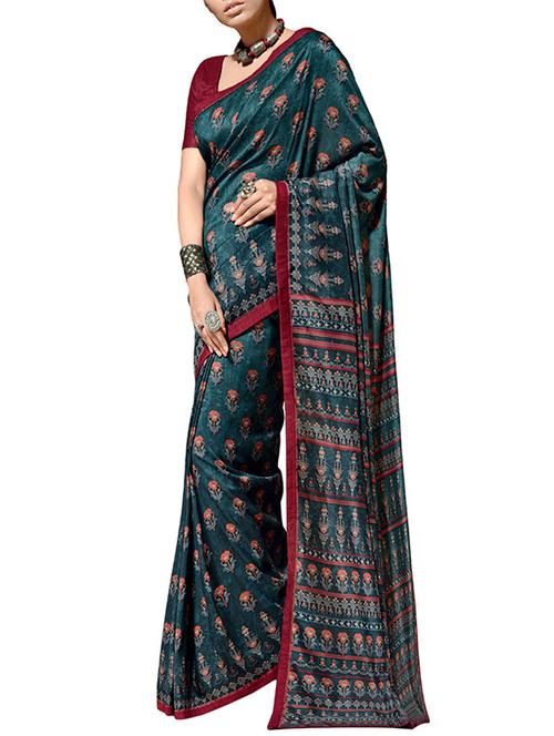 turquoise printed silk saree with blouse - 14649944 - Very Small Image - 1