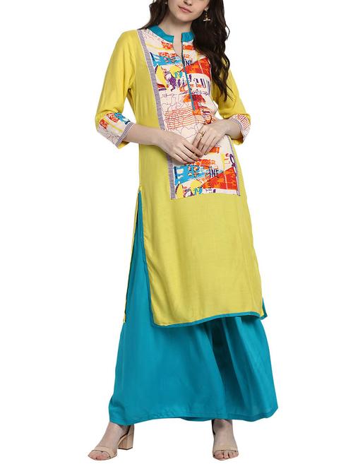 yellow rayon straight kurta - 14652677 - Very Small Image - 1