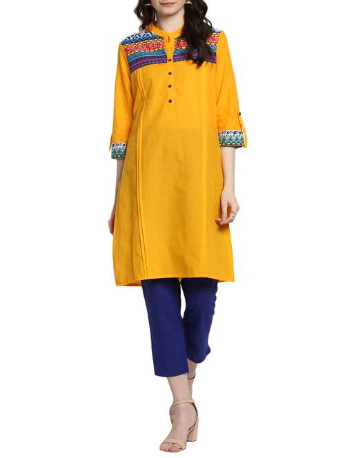 yellow cotton straight kurta - 14652685 - Very Small Image - 1