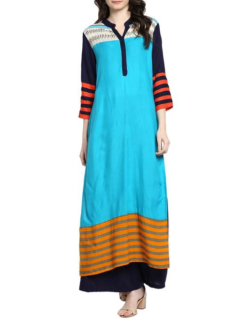 turquoise rayon straight kurta - 14652692 - Very Small Image - 1