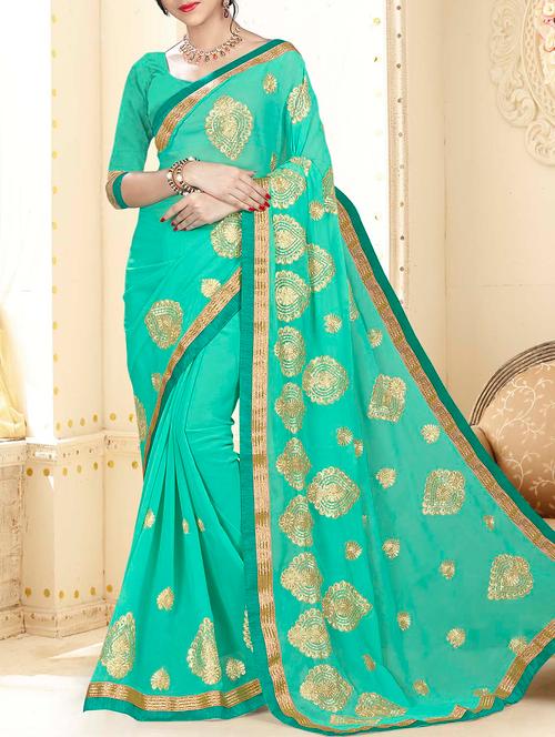turquoise georgette embroidered saree with blouse - 14654355 - Very Small Image - 1
