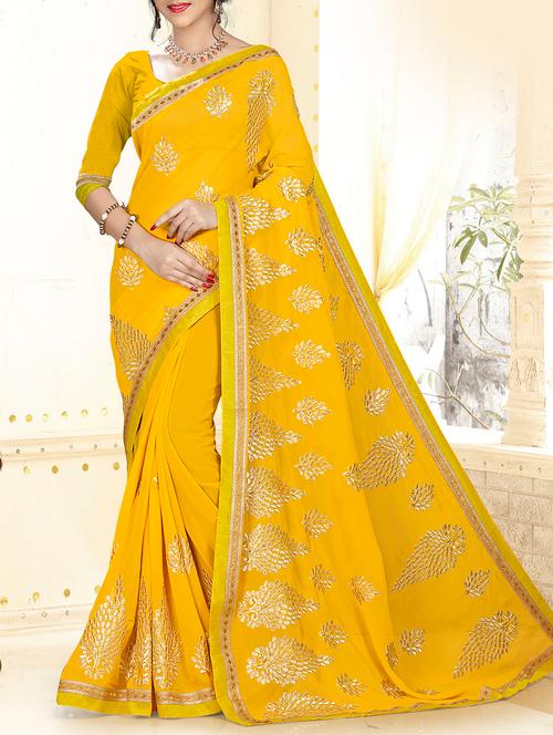 yellow georgette embroidered saree with blouse - 14654357 - Very Small Image - 1