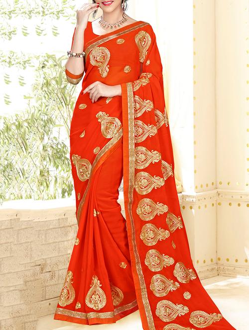 orange georgette embroidered saree with blouse - 14654358 - Very Small Image - 1