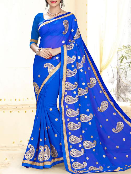 blue georgette embroidered saree with blouse - 14654360 - Very Small Image - 1