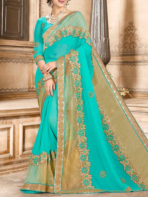 turquoise georgette embroidered saree with blouse - 14654365 - Very Small Image - 1