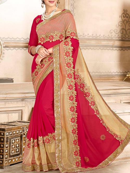 pink georgette embroidered saree with blouse - 14654366 - Very Small Image - 1