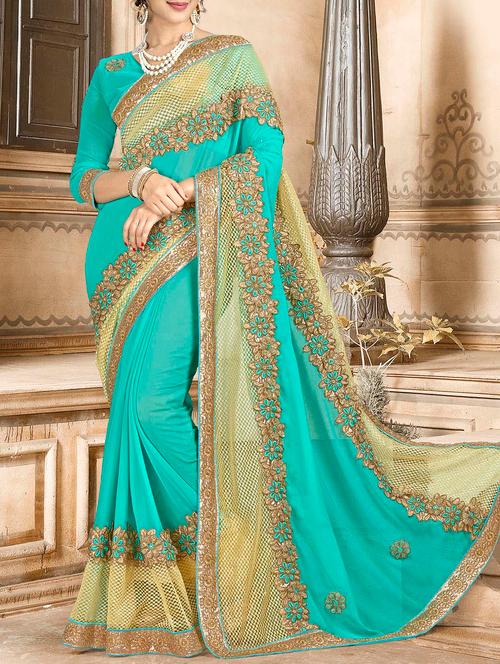turquoise georgette embroidered saree with blouse - 14654368 - Very Small Image - 1
