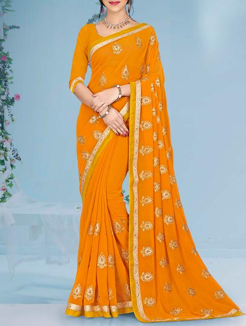 yellow georgette embroidered saree with blouse - 14654374 - Very Small Image - 1