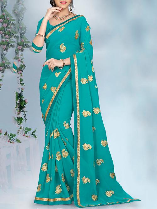 turquoise georgette embroidered saree with blouse - 14654375 - Very Small Image - 1