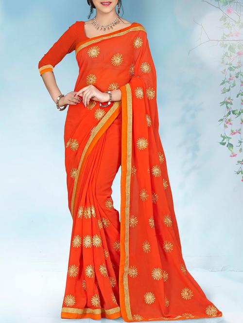 orange georgette embroidered saree with blouse - 14654376 - Very Small Image - 1